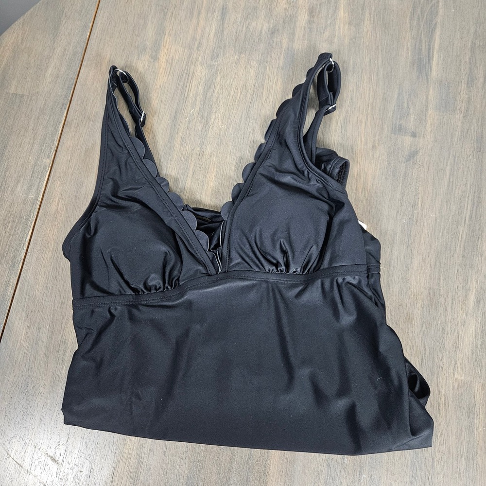 Cupshe Womens L Black Scallop Plunge One Piece Swimsuit Tummy Control‎ Ruched